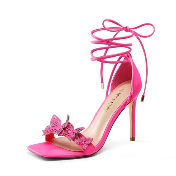 Butterfly Lace Up Stilleto High Heels - HOT PINK-PU -  0